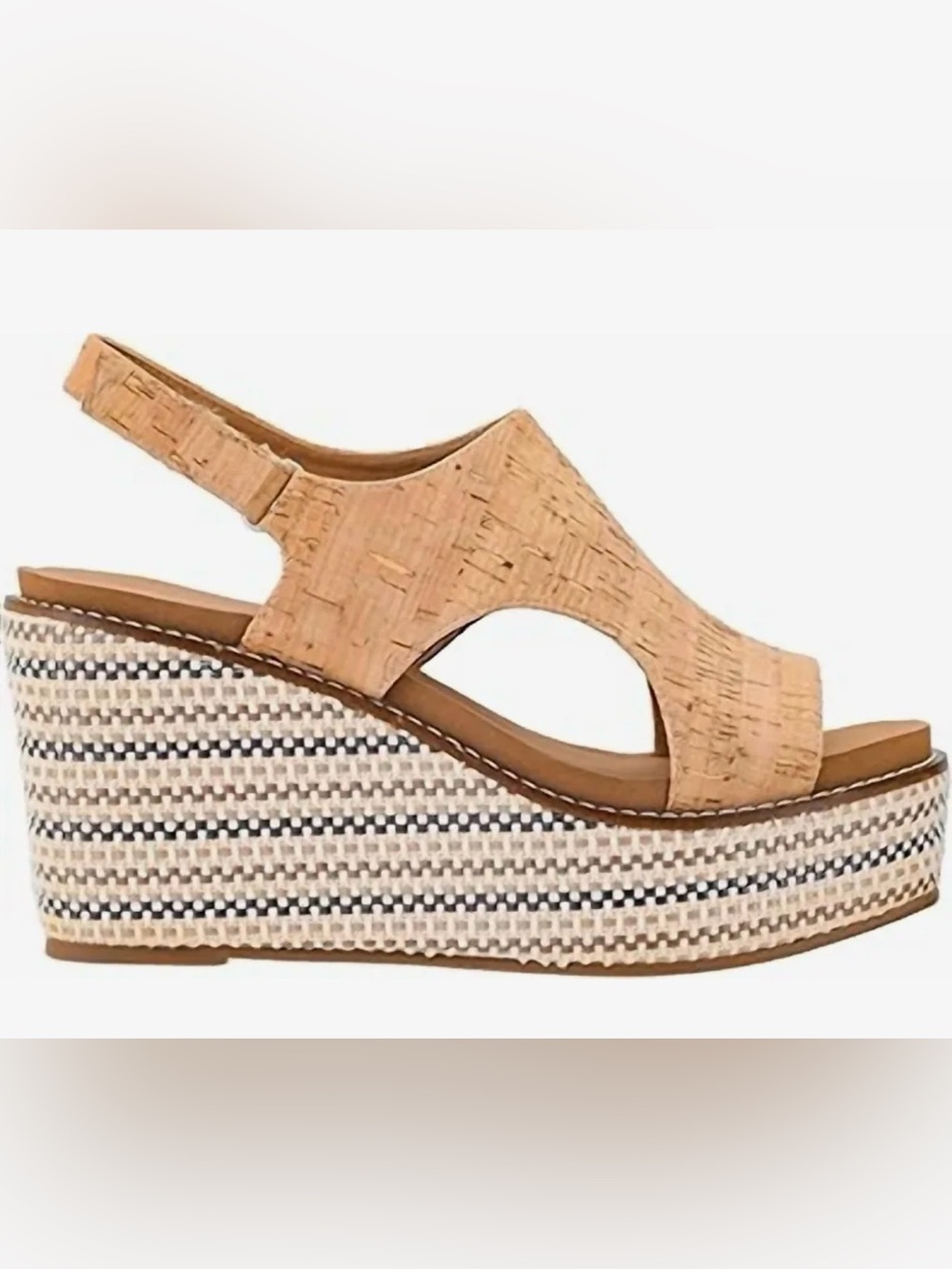Corkys Freddie Natural Cork Wedge Sandal with Striped Platform